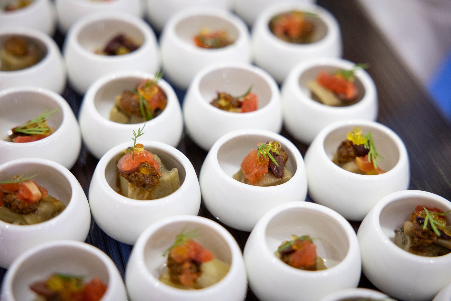Elegant gourmet appetizers meticulously arranged in white ceramic bowls